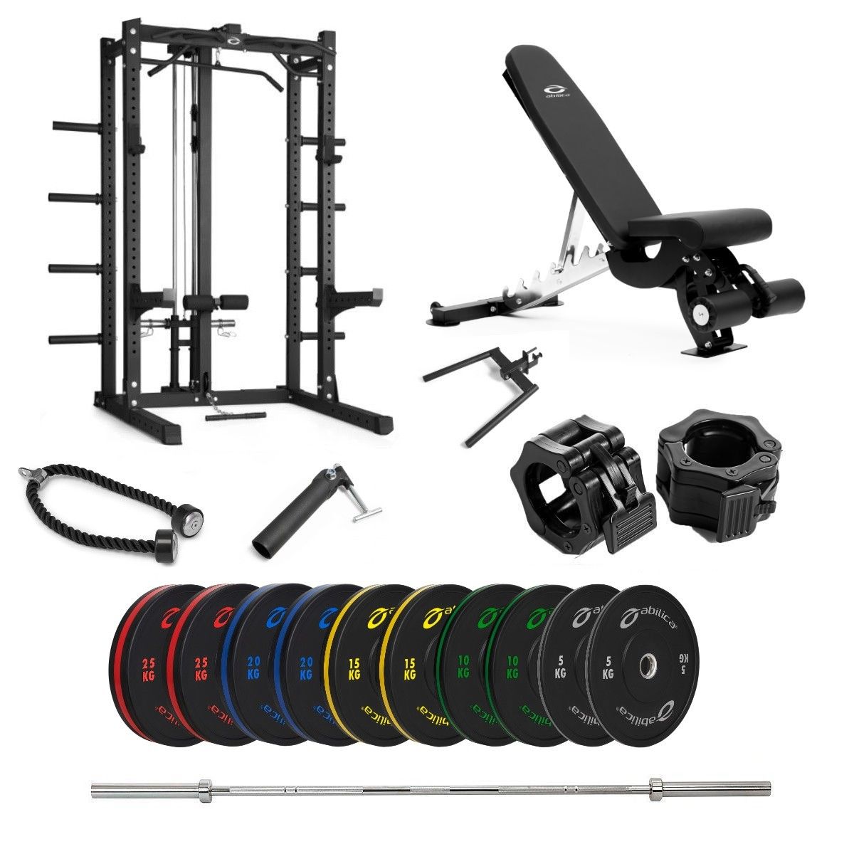 Brug Abilica Half Rack med farvede Bumper, bænk og nedtræk  -  170 kg til en forbedret oplevelse