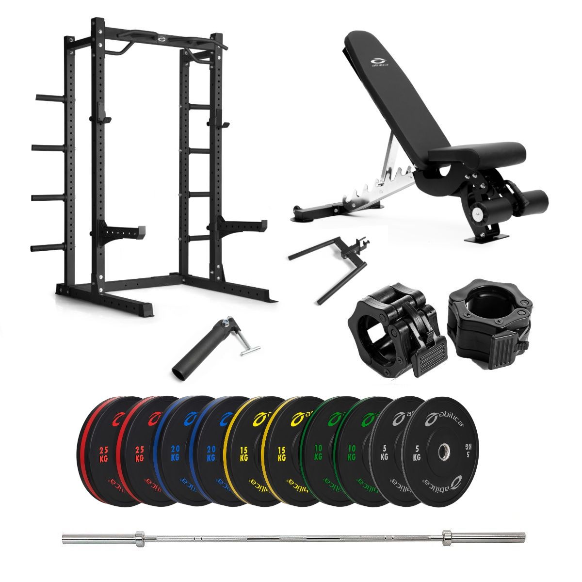 Brug Abilica Half Rack med farvede Bumper og bænk  -  170 kg til en forbedret oplevelse