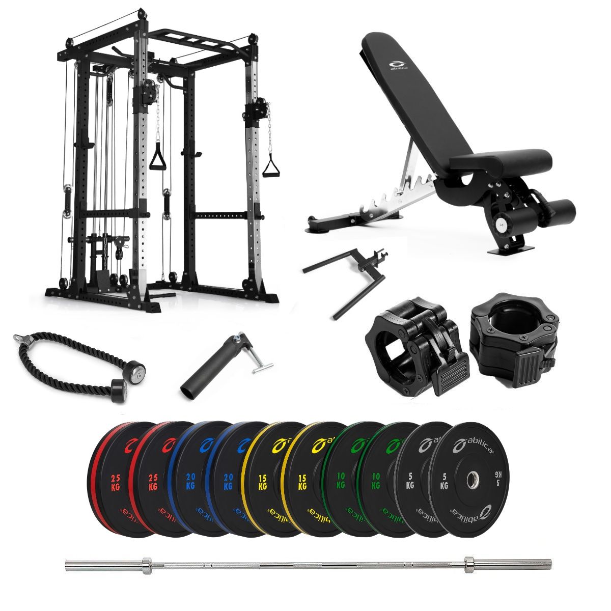 Power Rack med farvede Bumper og bænk – 170 kg